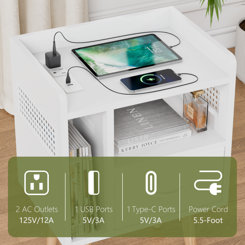 Furnulem Night Stand with Charger Station & LED Light