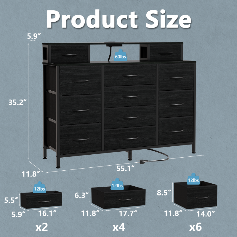 Furnulem TV Stand with Charging Station & 12 Drawers