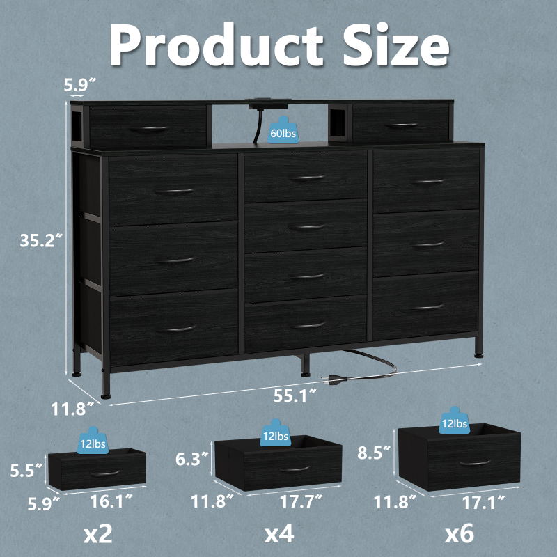 Furnulem TV Stand with Charging Station & 12 Drawers