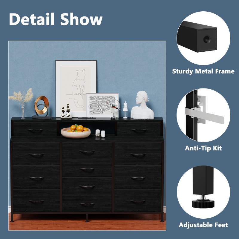 Furnulem TV Stand with Charging Station & 12 Drawers