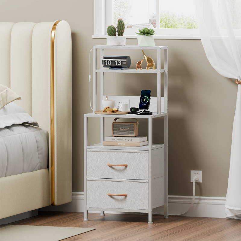 Furnulem Tall Nightstand with Light Tube and Charging Station