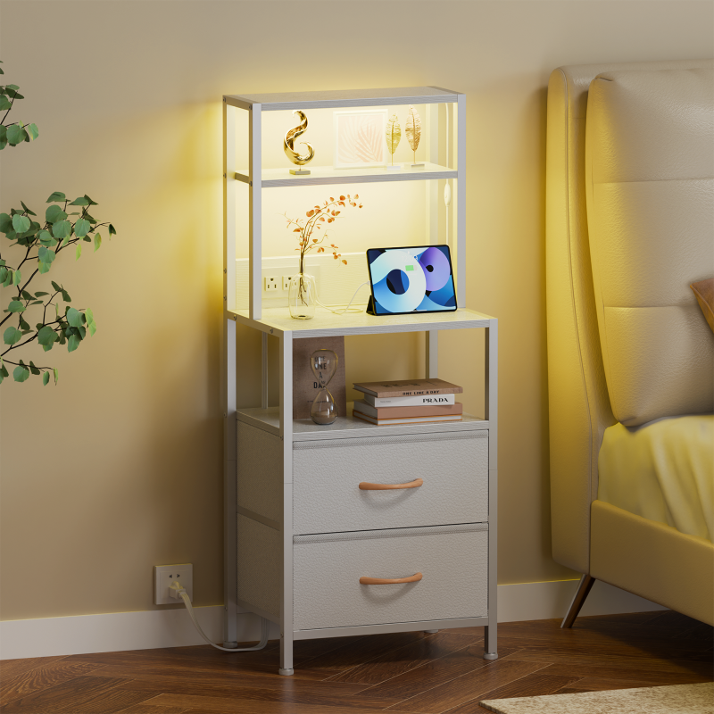 Furnulem Tall Nightstand with Light Tube and Charging Station