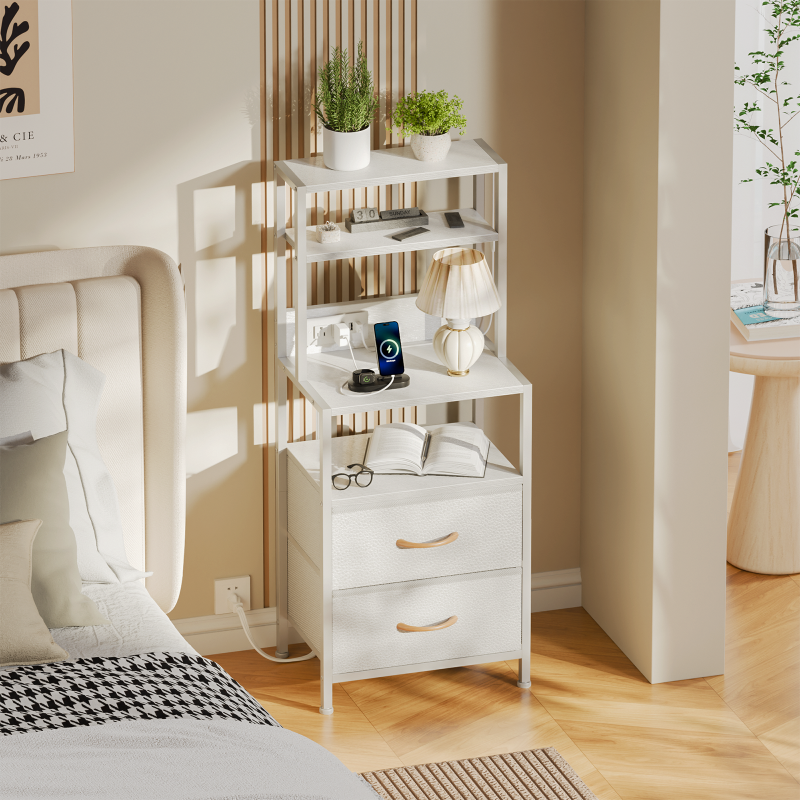 Furnulem Tall Nightstand with Light Tube and Charging Station