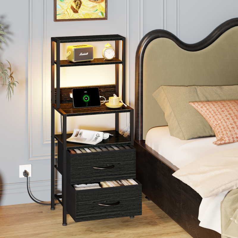 Furnulem Tall Nightstand with Light Tube and Charging Station