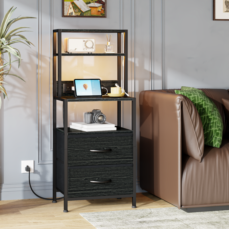 Furnulem Tall Nightstand with Light Tube and Charging Station