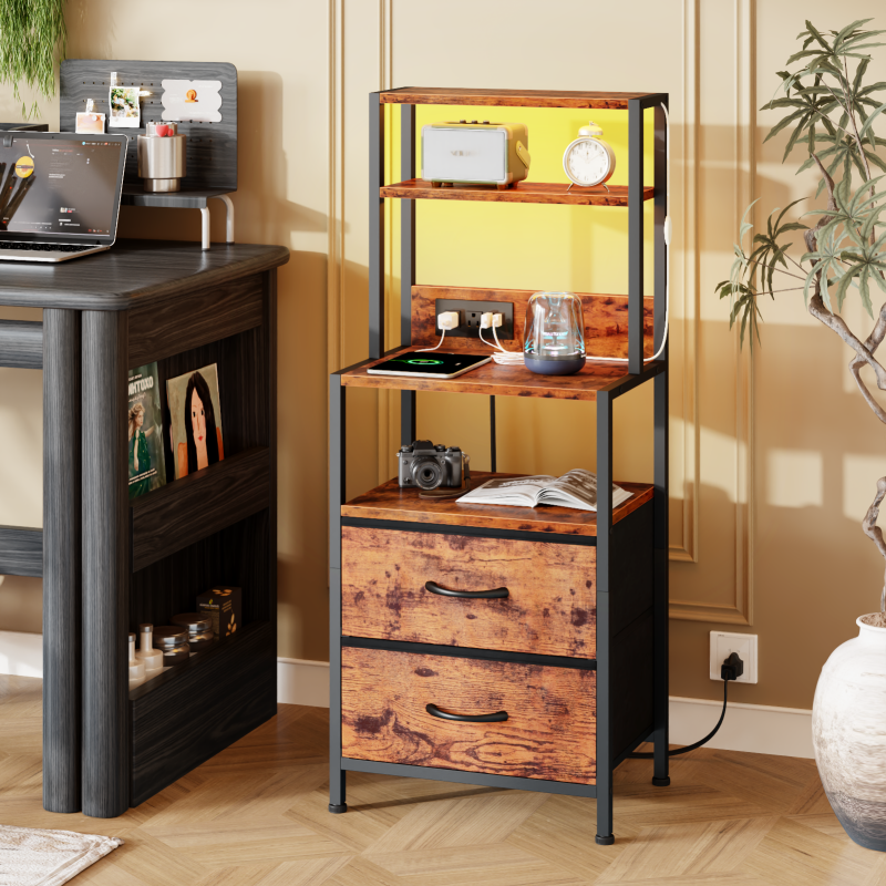 Furnulem Tall Nightstand with Light Tube and Charging Station