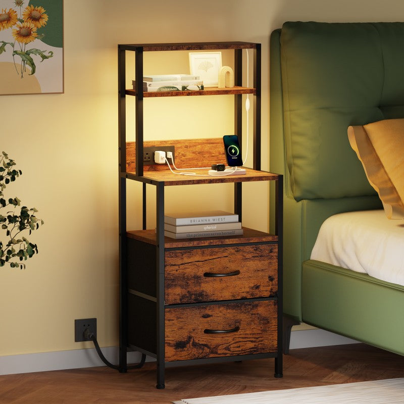 Furnulem Tall Nightstand with Light Tube and Charging Station