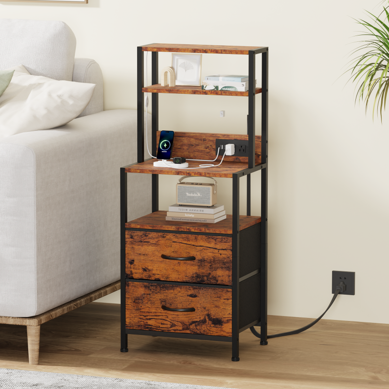 Furnulem Tall Nightstand with Light Tube and Charging Station