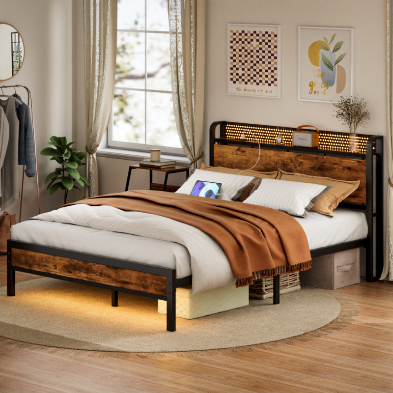 Furnulem LED Bed Frame with Charging Station