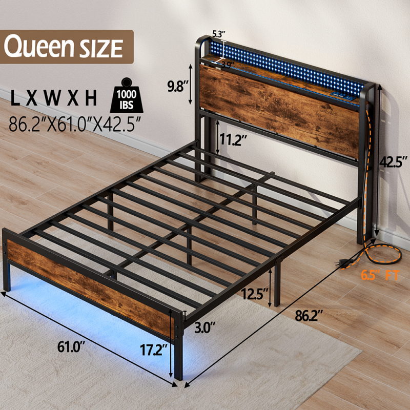 Furnulem LED Bed Frame with Charging Station