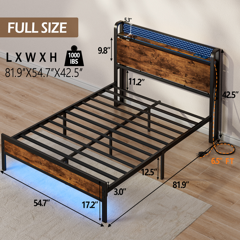 Furnulem LED Bed Frame with Charging Station