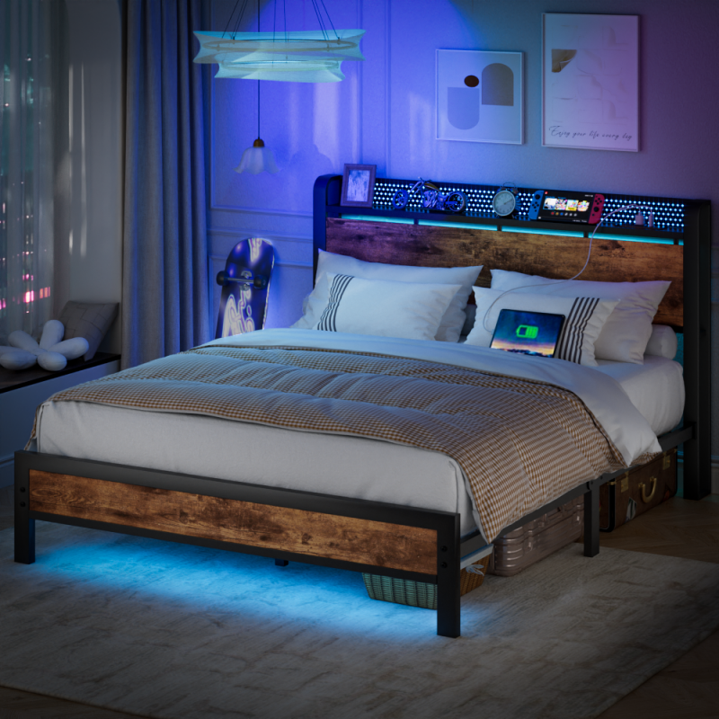 Furnulem LED Bed Frame with Charging Station