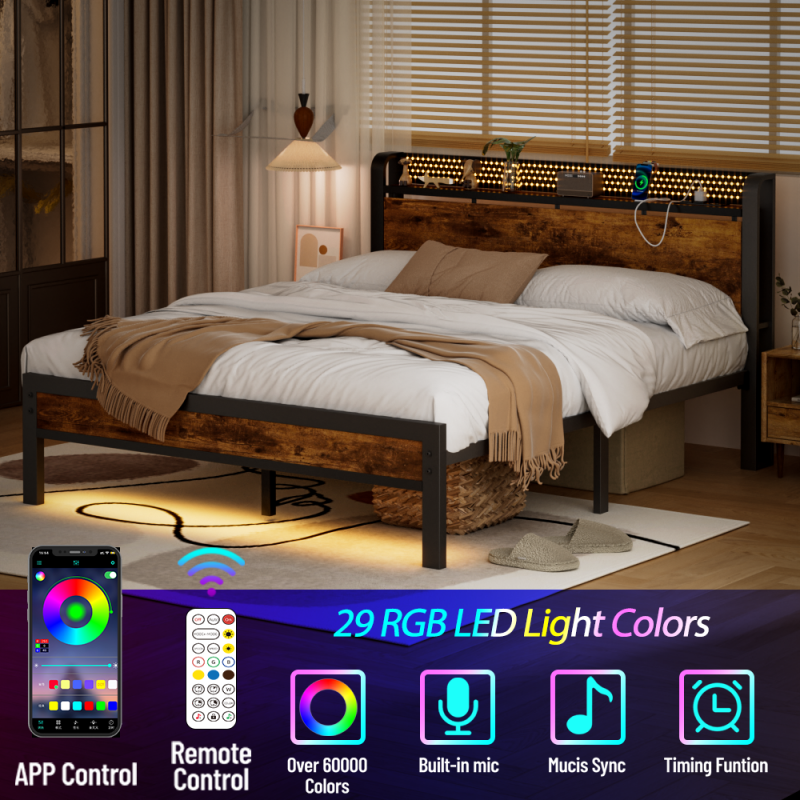 Furnulem LED Bed Frame with Charging Station