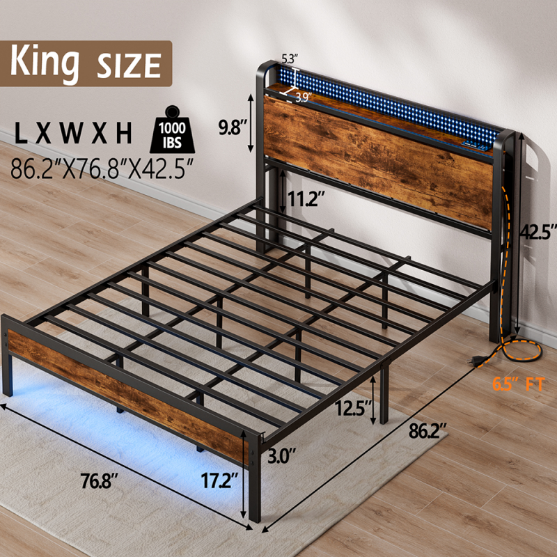 Furnulem LED Bed Frame with Charging Station