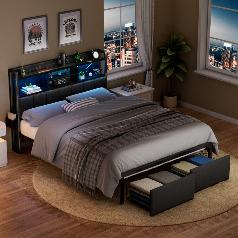 Furnulem LED Bed Frame with Upholstered Headboard and 2 Drawers