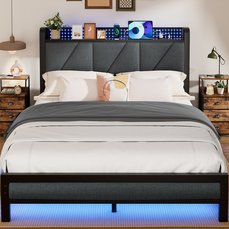 Furnulem LED Bed Frame with Upholstered Headboard and Charging Station