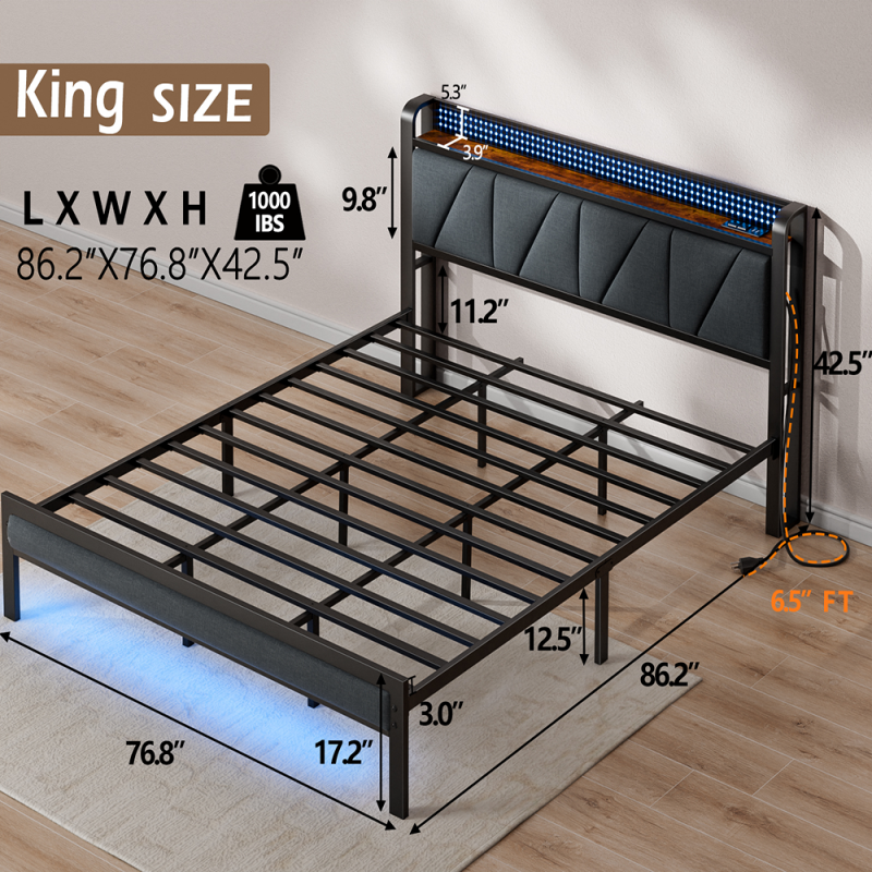 Furnulem LED Bed Frame with Upholstered Headboard and Charging Station