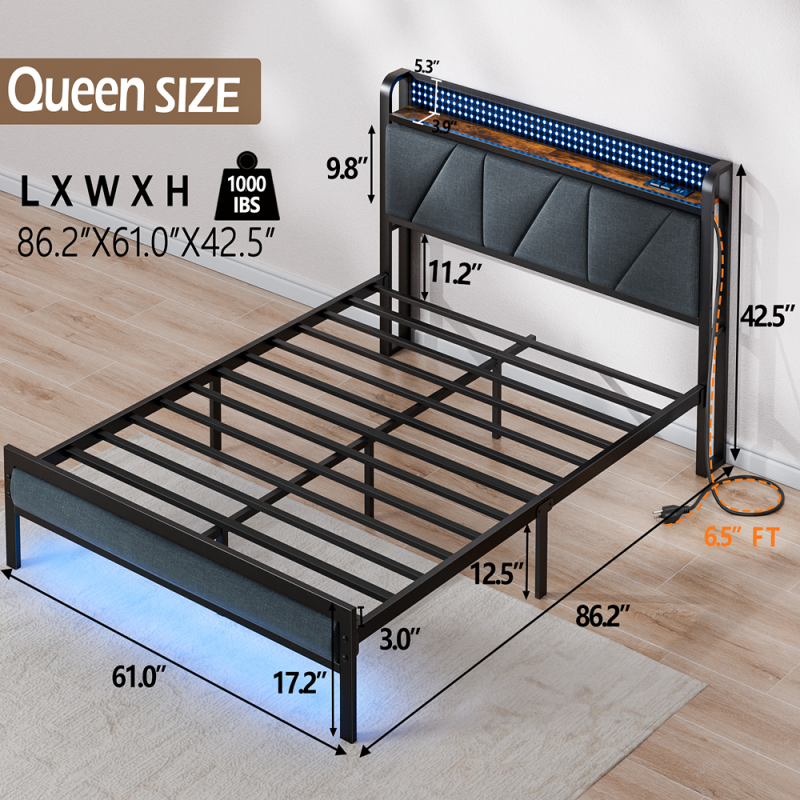 Furnulem LED Bed Frame with Upholstered Headboard and Charging Station