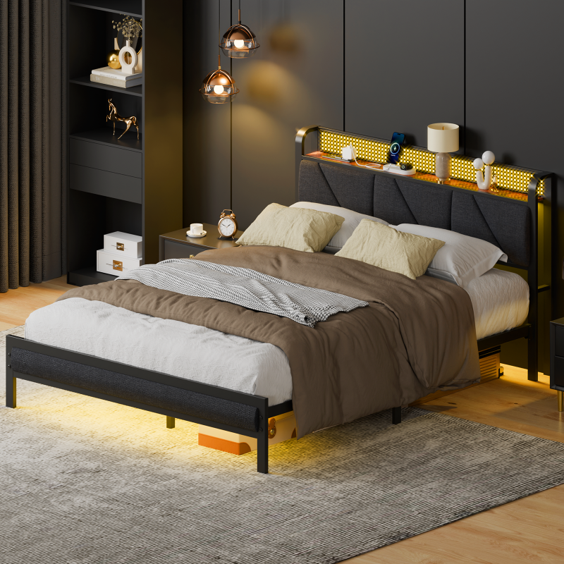 Furnulem LED Bed Frame with Upholstered Headboard and Charging Station