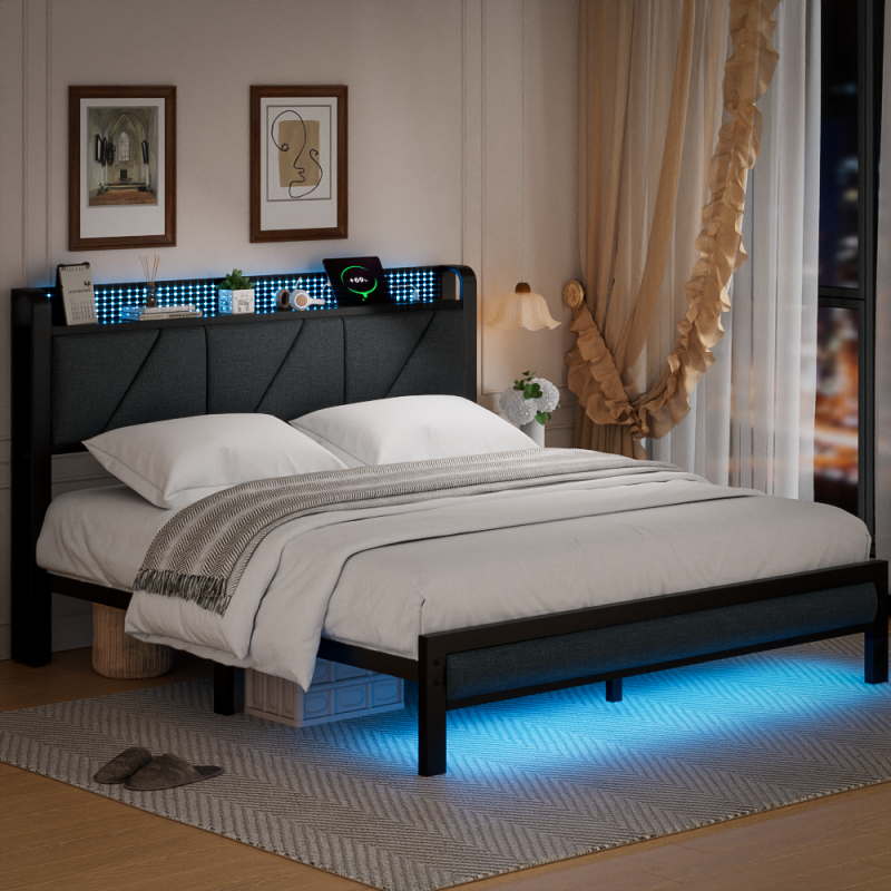 Furnulem LED Bed Frame with Upholstered Headboard and Charging Station