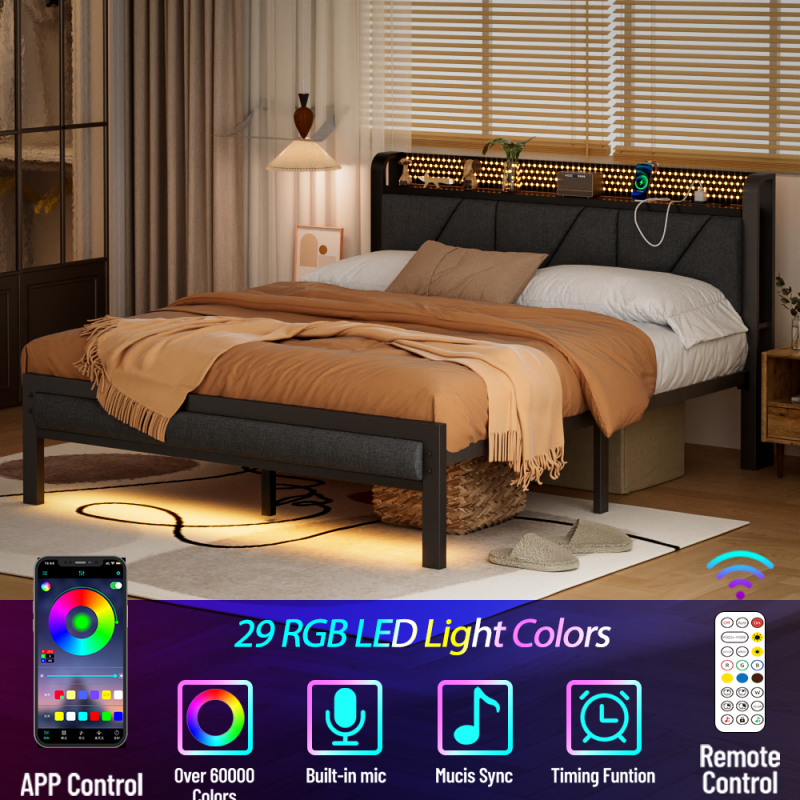 Furnulem LED Bed Frame with Upholstered Headboard and Charging Station