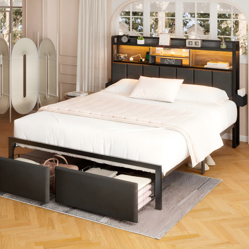 Furnulem LED Bed Frame with Upholstered Headboard and 2 Drawers