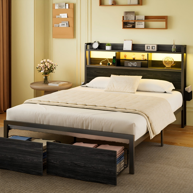 Furnulem LED Bed Frame with Wood Headboard and 2 Drawers