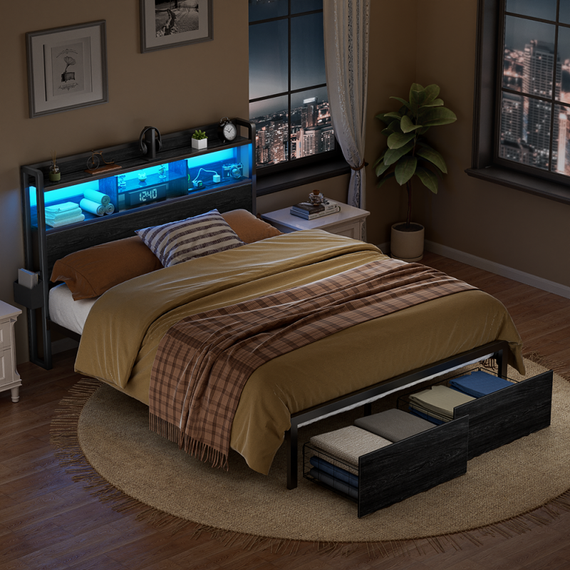 Furnulem LED Bed Frame with Wood Headboard and 2 Drawers