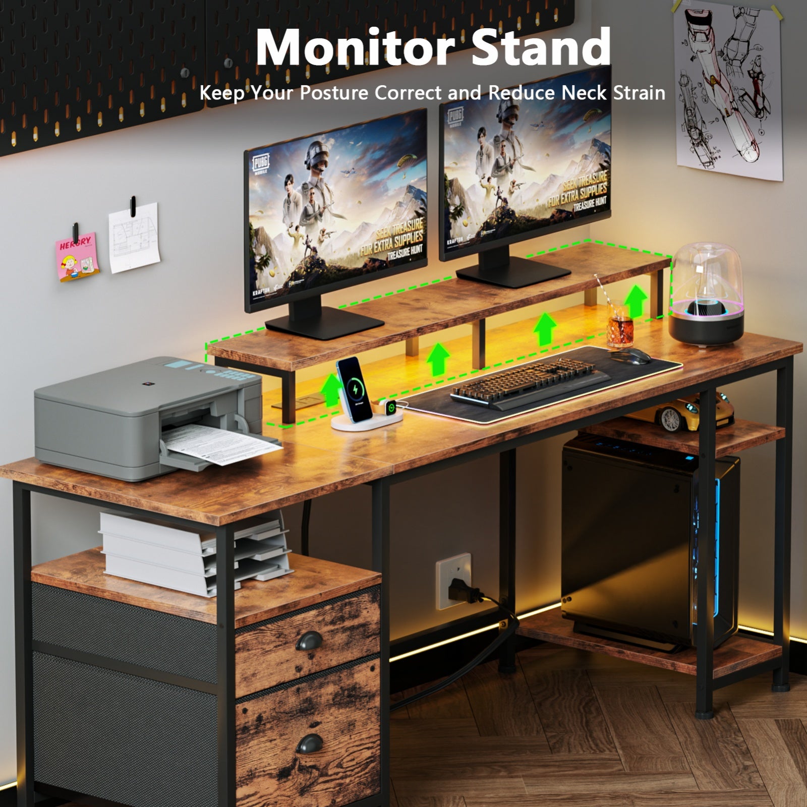 Furnulem 61 Inch Gaming Desk with USB Charging Ports & LED Light, Reversible Computer Desk with Storage Shelves & Monitor Stand, and Fabric Drawers