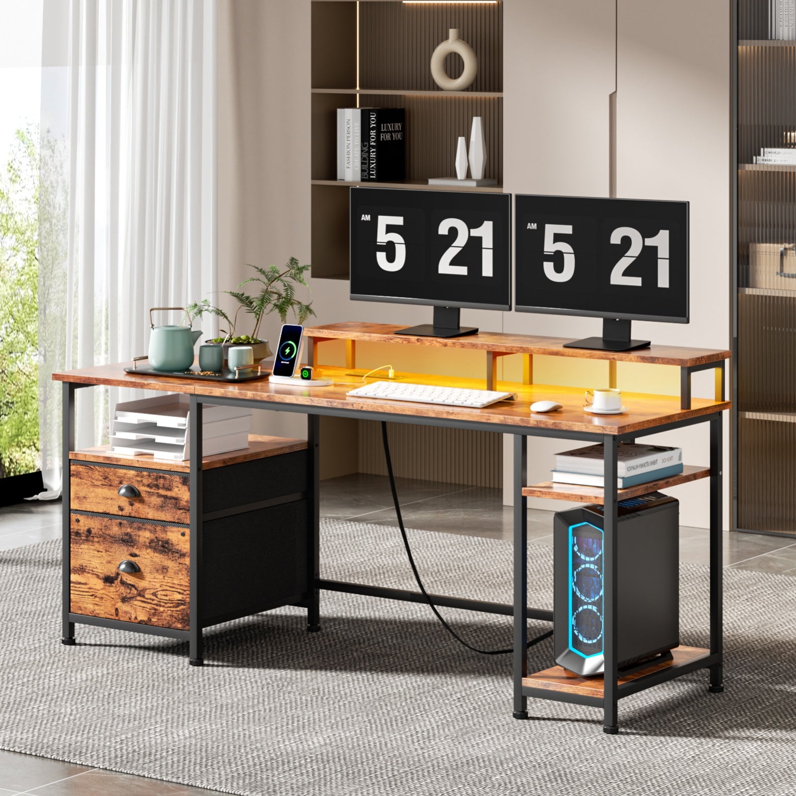 Furnulem 61 Inch Gaming Desk with USB Charging Ports & LED Light, Reversible Computer Desk with Storage Shelves & Monitor Stand, and Fabric Drawers