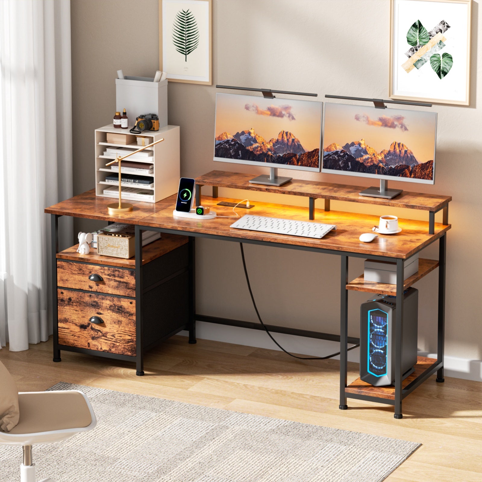 Furnulem 61 Inch Gaming Desk with USB Charging Ports & LED Light, Reversible Computer Desk with Storage Shelves & Monitor Stand, and Fabric Drawers