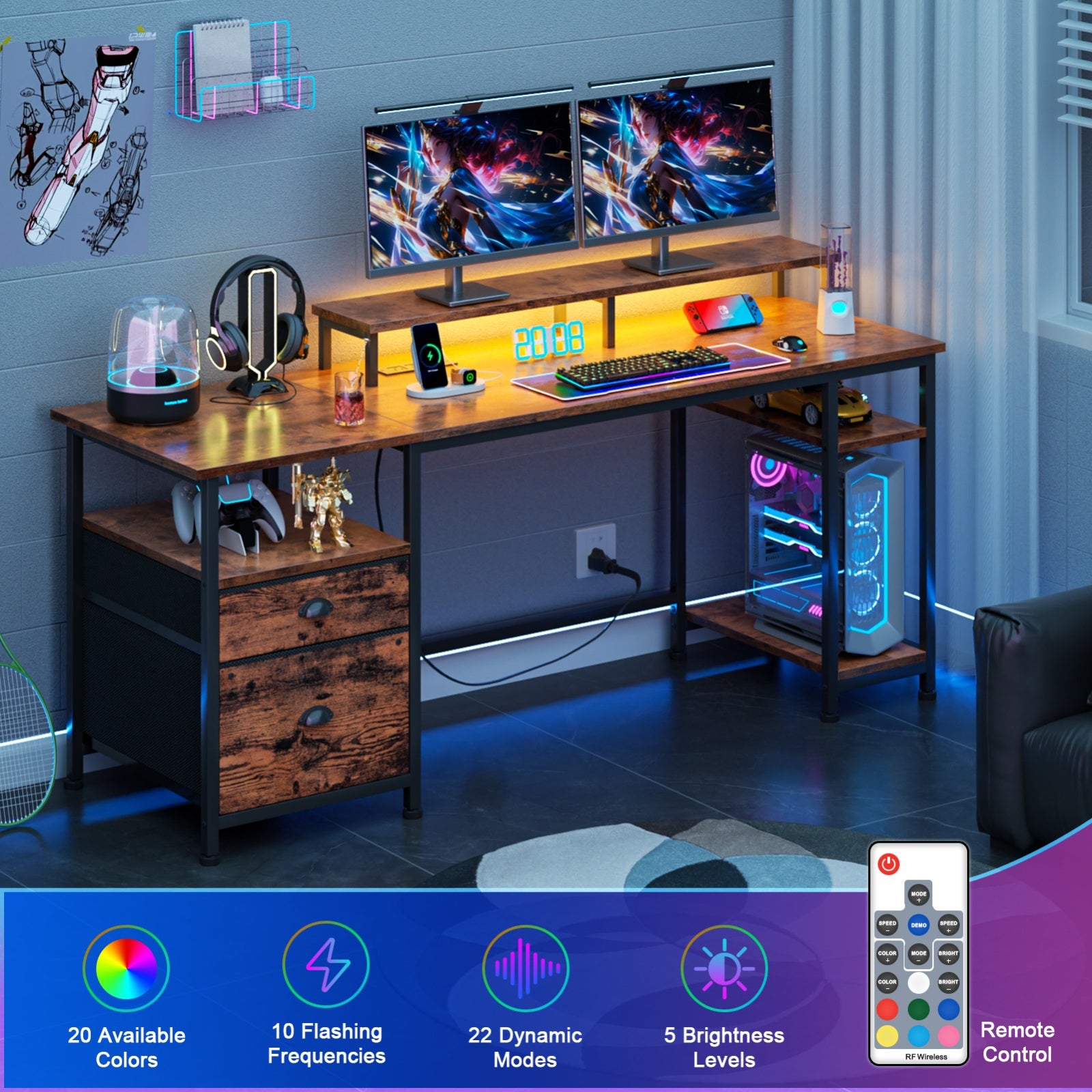 Furnulem 61 Inch Gaming Desk with USB Charging Ports & LED Light, Reversible Computer Desk with Storage Shelves & Monitor Stand, and Fabric Drawers