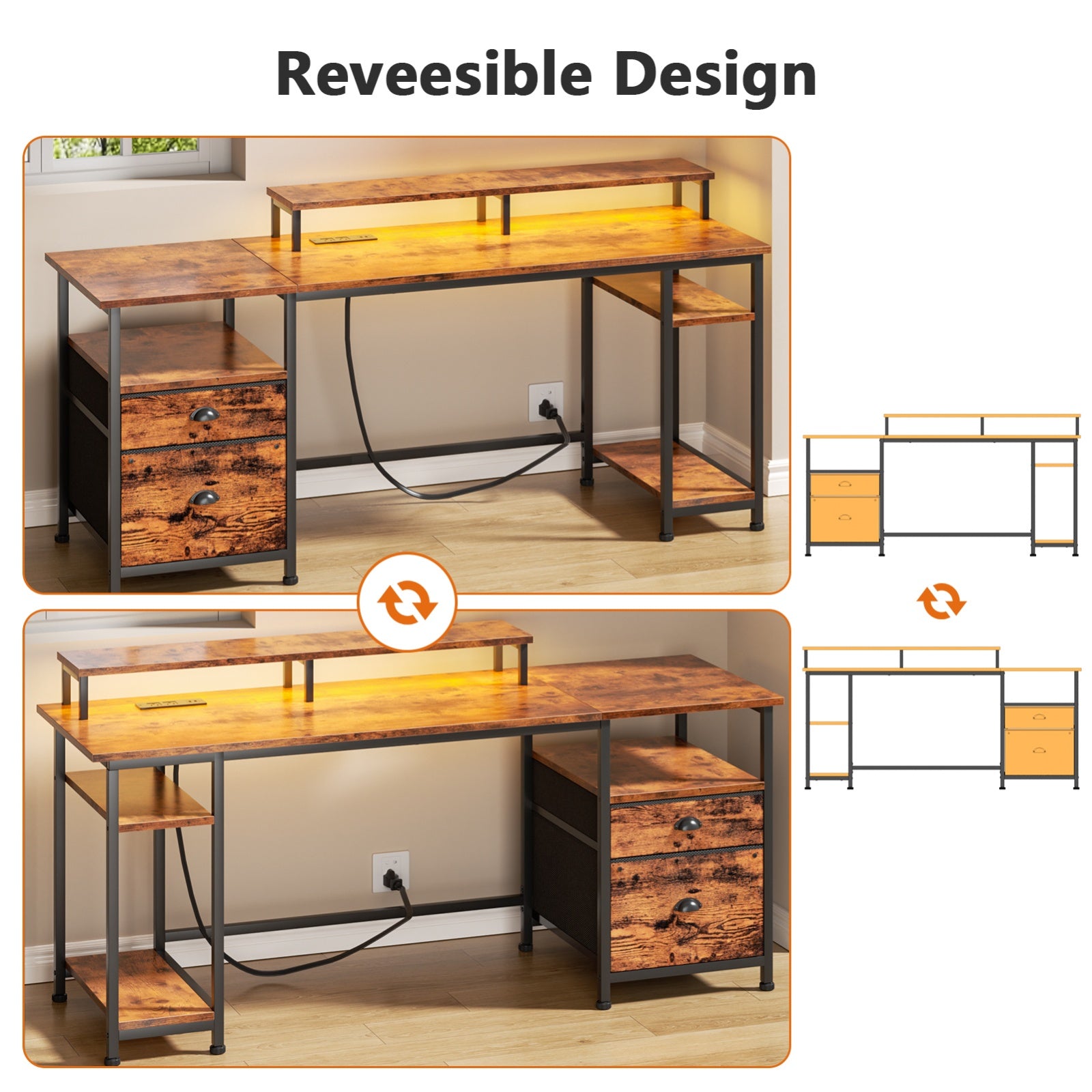 Furnulem 61 Inch Gaming Desk with USB Charging Ports & LED Light, Reversible Computer Desk with Storage Shelves & Monitor Stand, and Fabric Drawers