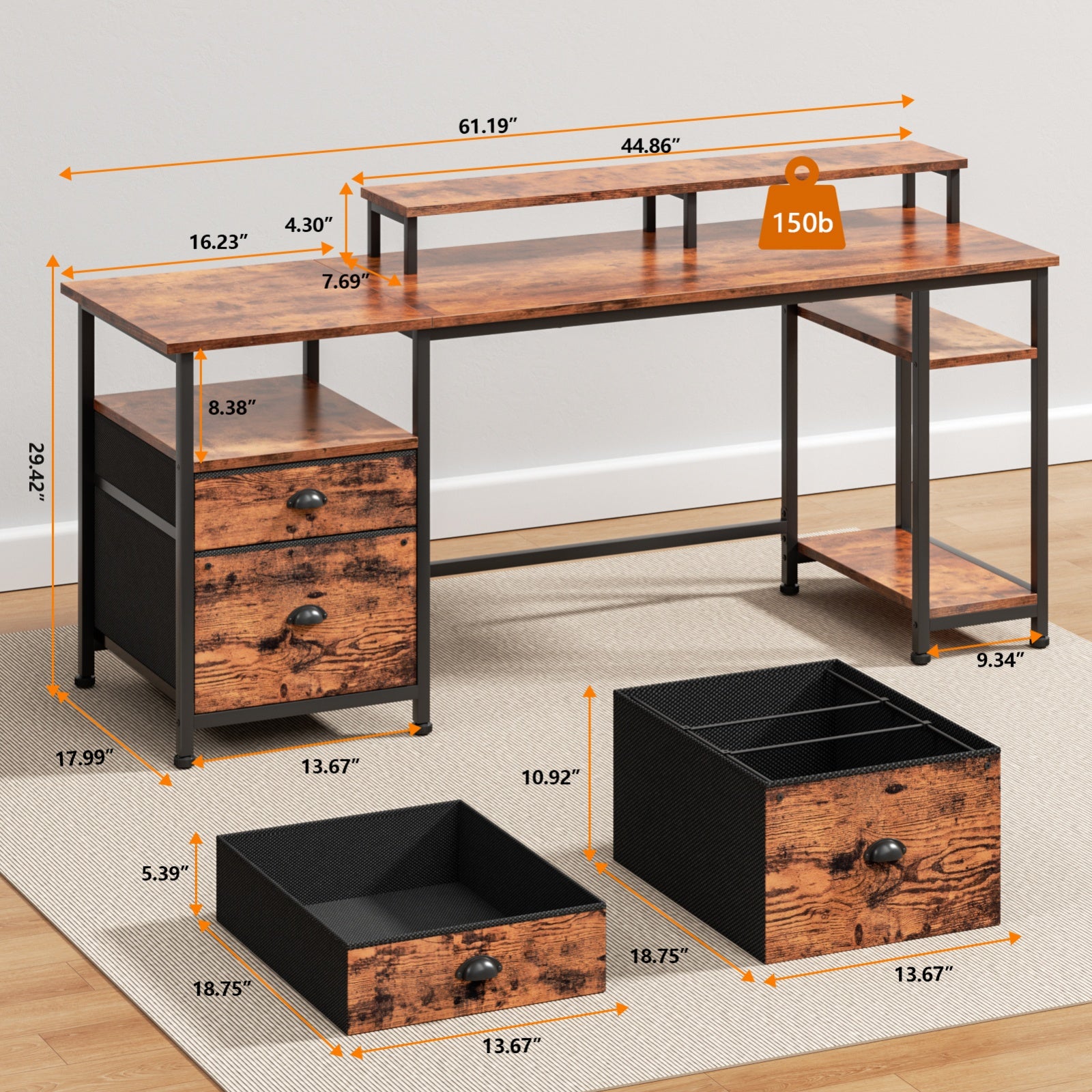 Furnulem 61 Inch Gaming Desk with USB Charging Ports & LED Light, Reversible Computer Desk with Storage Shelves & Monitor Stand, and Fabric Drawers