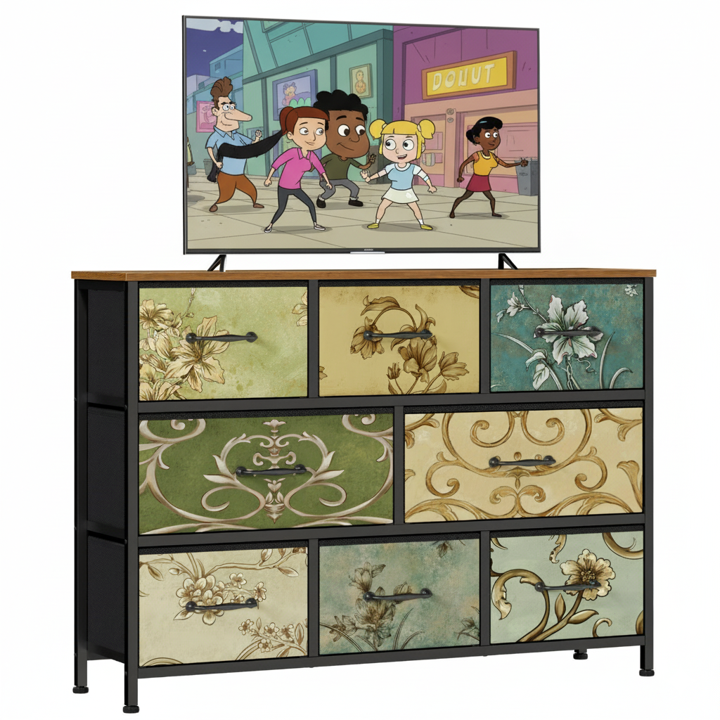 Fabric Dresser for Bedroom 8 Drawer Chest of Drawers Retro Flower Ideal for Adults Furniture for Bedroom Living Room Hallway