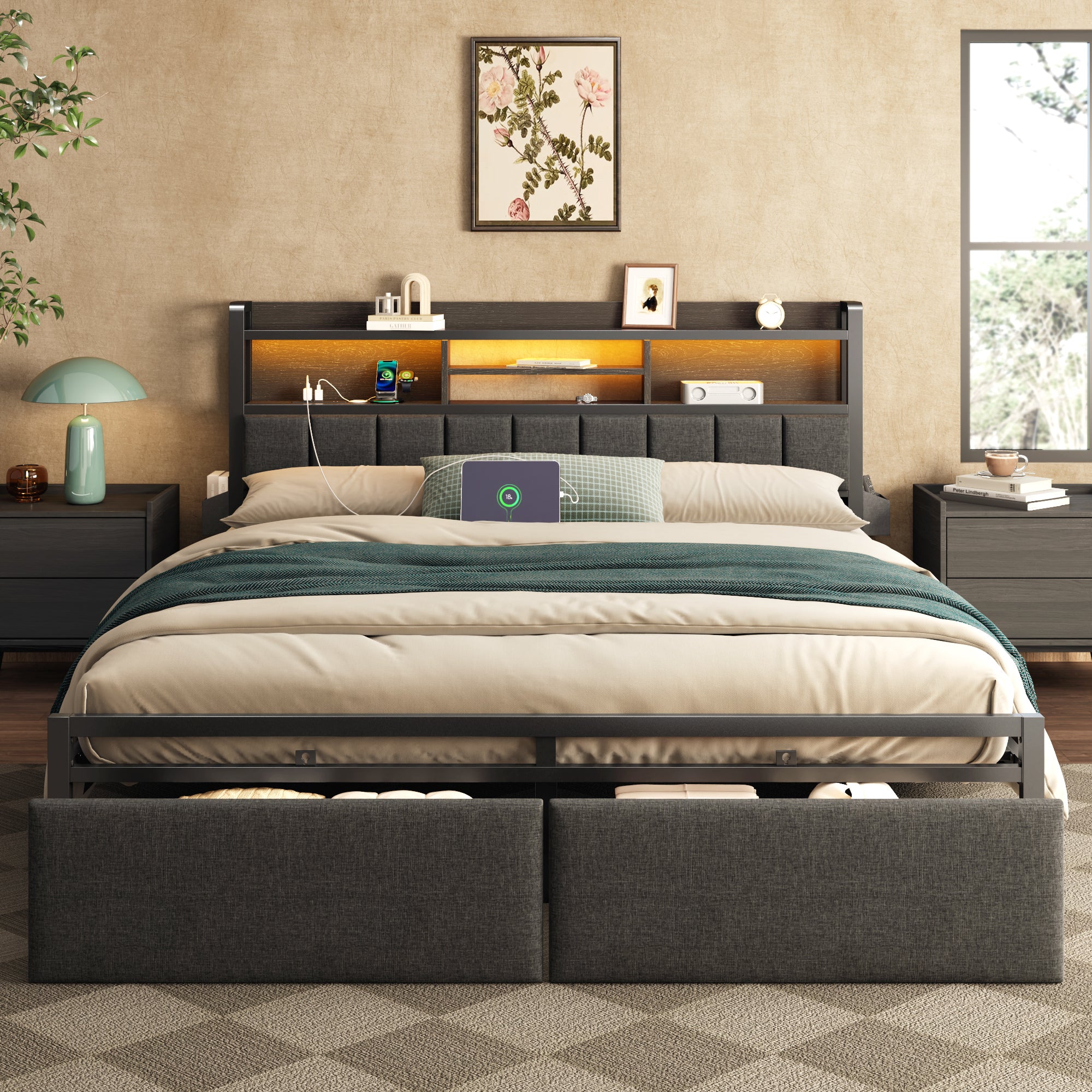 Furnulem LED Bed Frame with Upholstered Headboard and 2 Drawers