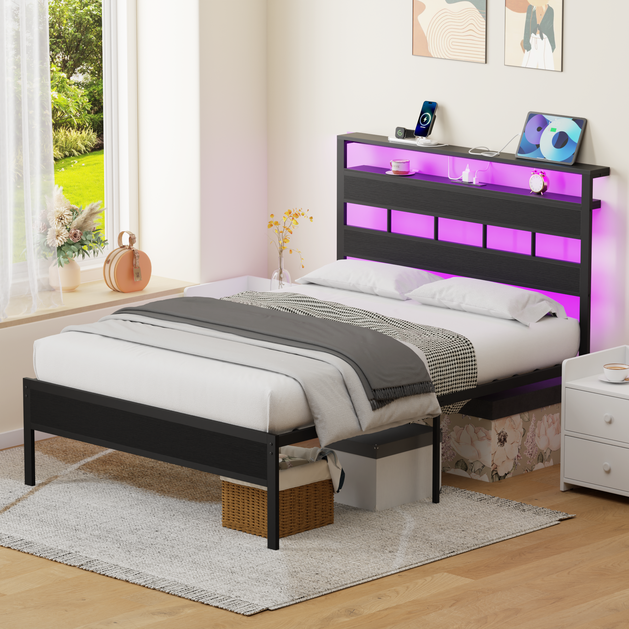 Bed Frames with Headboard & LED Lighted,Standard Storage Bed Platforrm with Storage Underbed, No Box Spring Needed