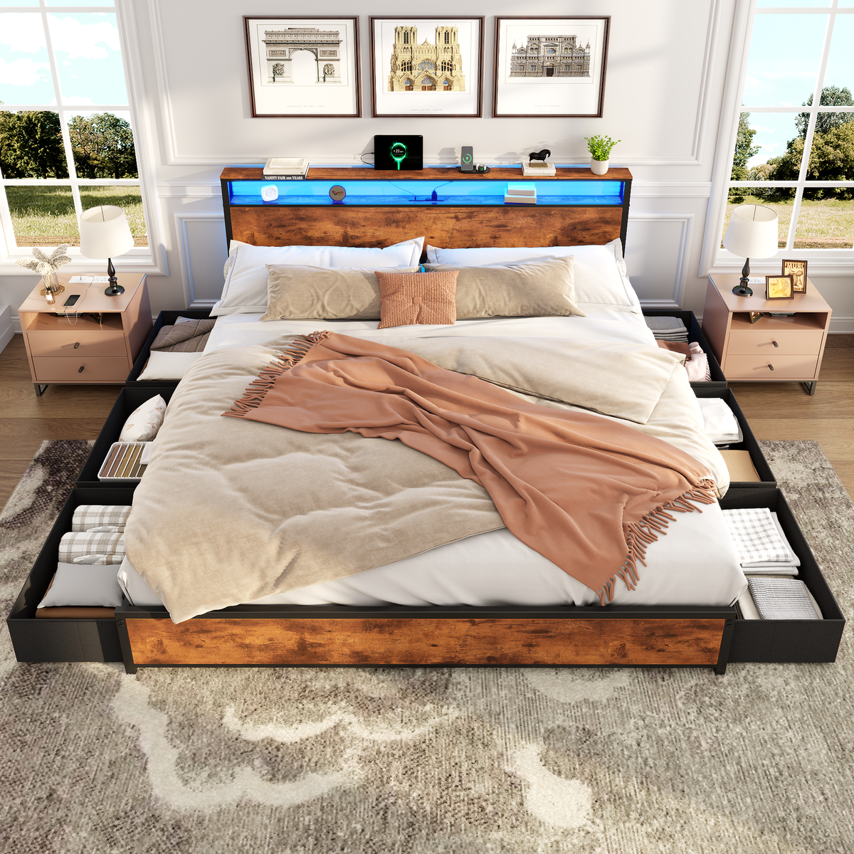 Bed Frame 6 Drawers Storage Headboard LED Lights Charging Station Metal Platform Bed Black
