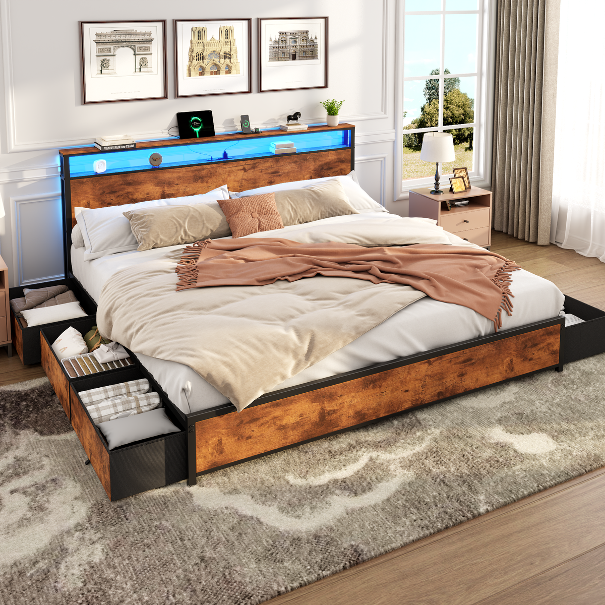 Bed Frame 6 Drawers Storage Headboard LED Lights Charging Station Metal Platform Bed Black