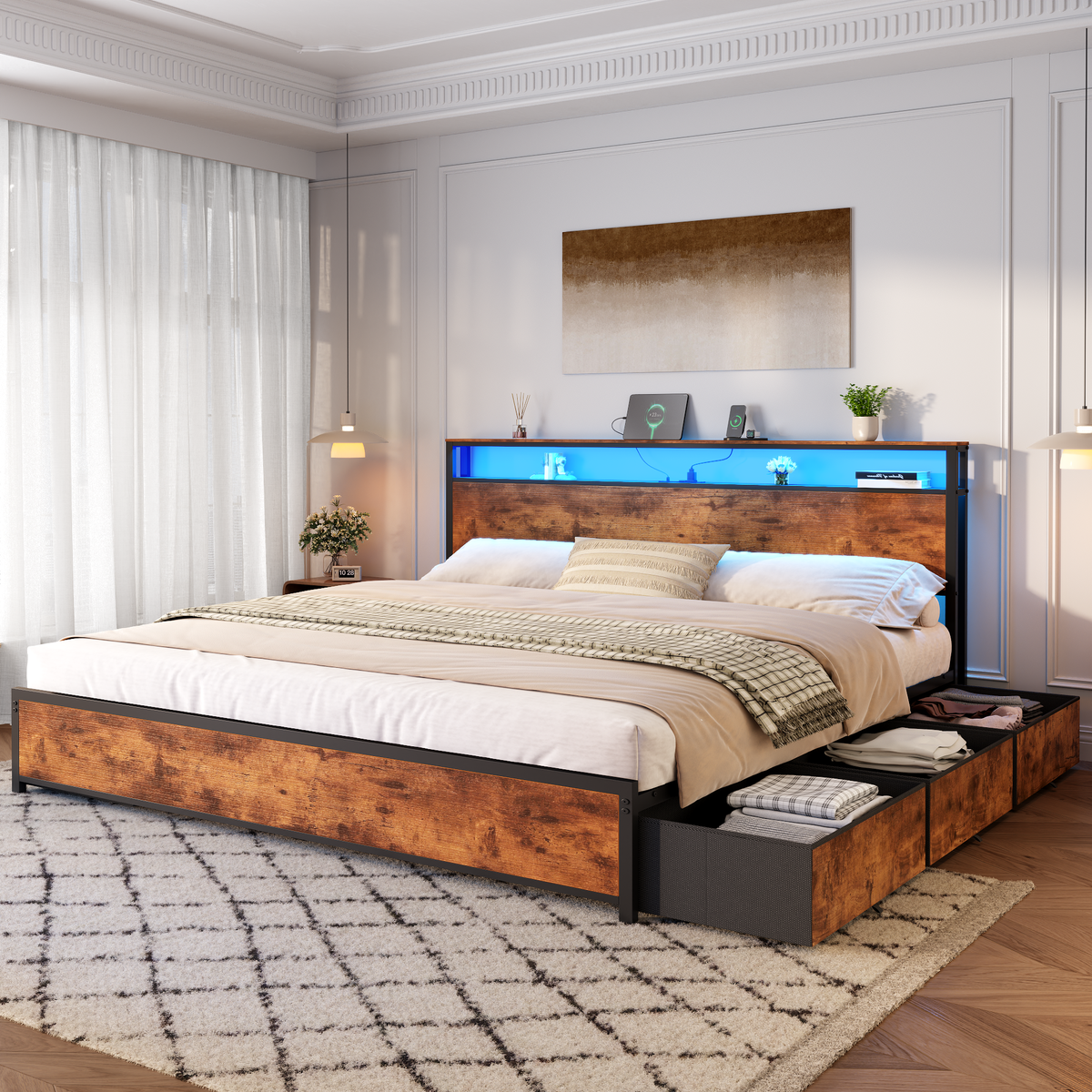 Bed Frame 6 Drawers Storage Headboard LED Lights Charging Station Metal Platform Bed Black