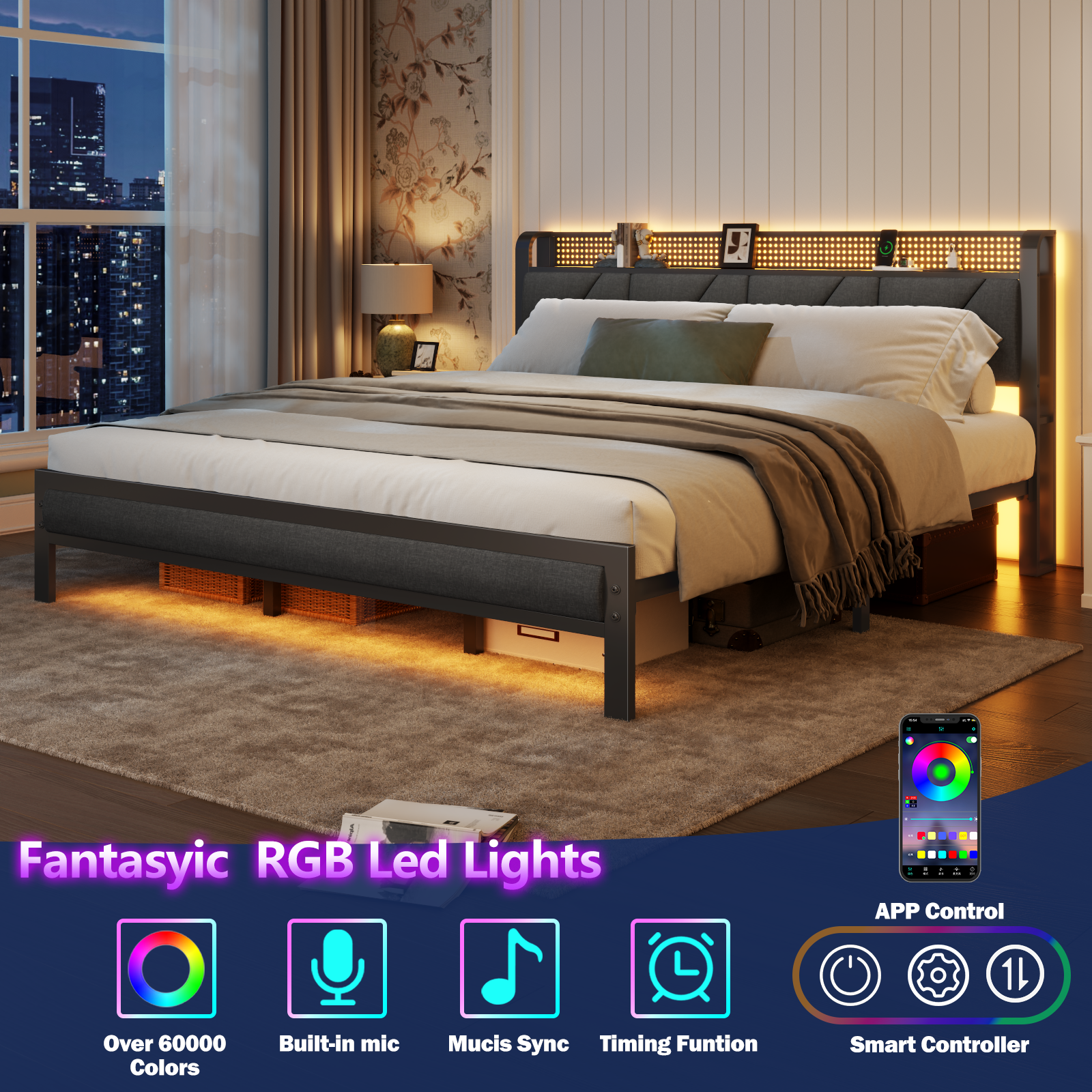 King Size Metal Platform Bed Frame Upholstered Headboard Footboard LED Lights Charging Station Heavy Duty Support No Box Spring Needed USB
