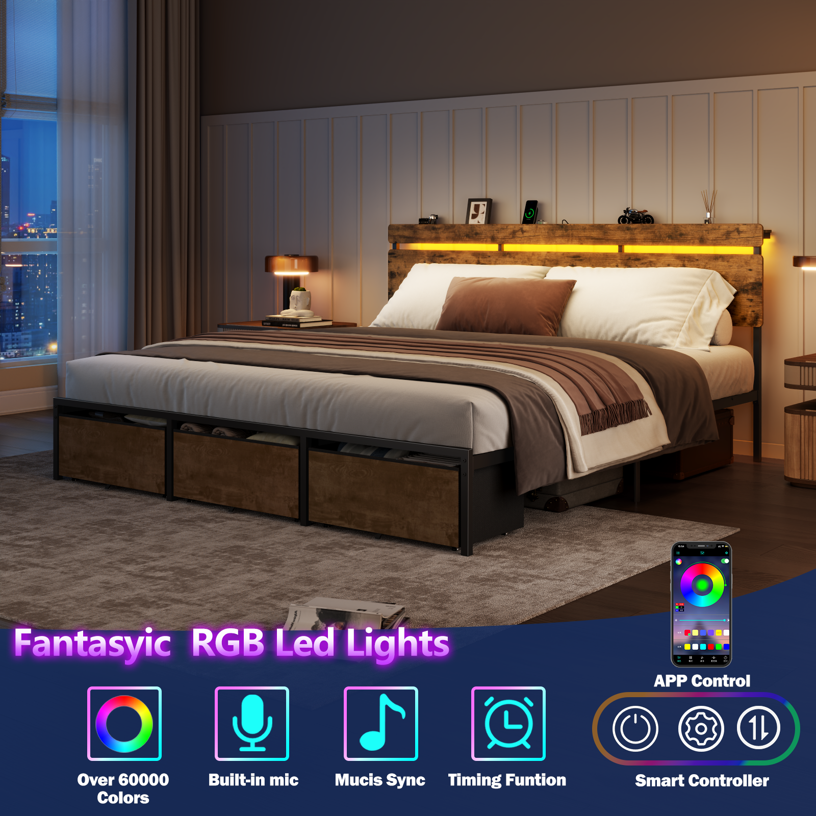 King Size Platform Bed Frame 3 Storage Drawers LED Lights Charging Station Vintage Brown Wood Headboard Shelf Heavy Duty Metal No Box Spring Needed