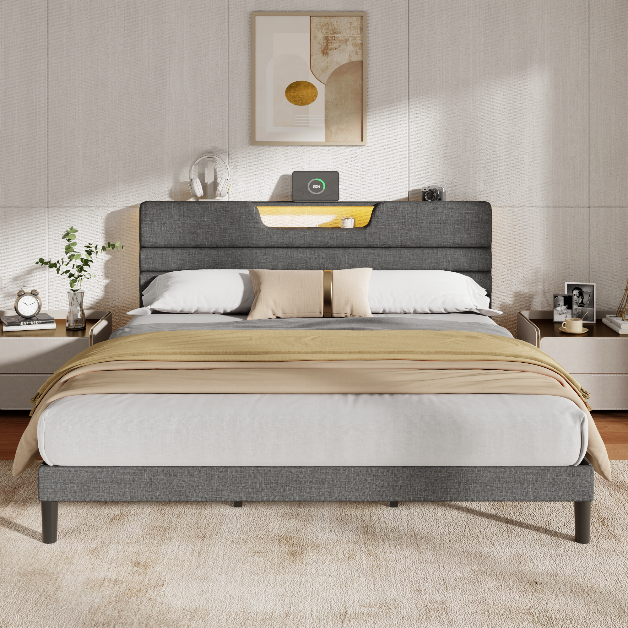 Furnulem King Size Bed Frames with Upholstered Headboard Bed with Charging Station and Led Lights Bed Frame with Sturdy Wooden Slats/2-Tier Storage