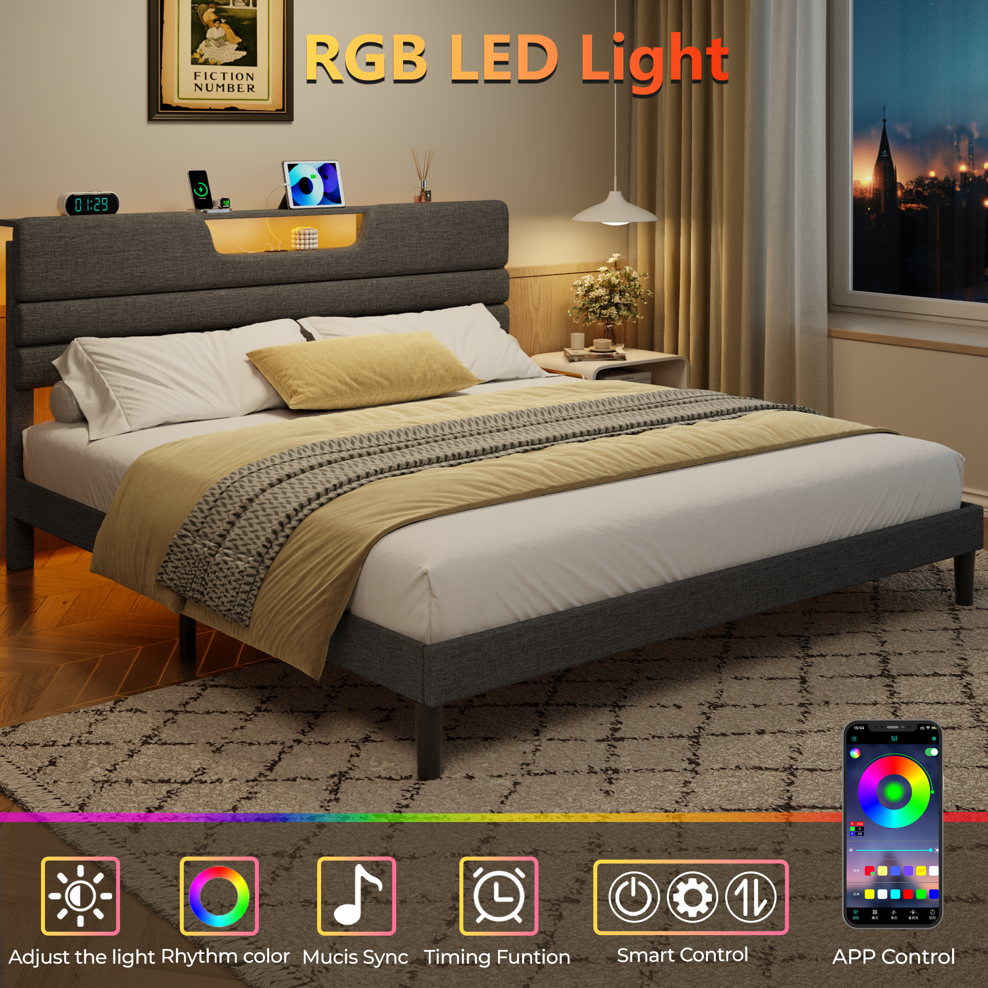 Furnulem King Size Bed Frames with Upholstered Headboard Bed with Charging Station and Led Lights Bed Frame with Sturdy Wooden Slats/2-Tier Storage