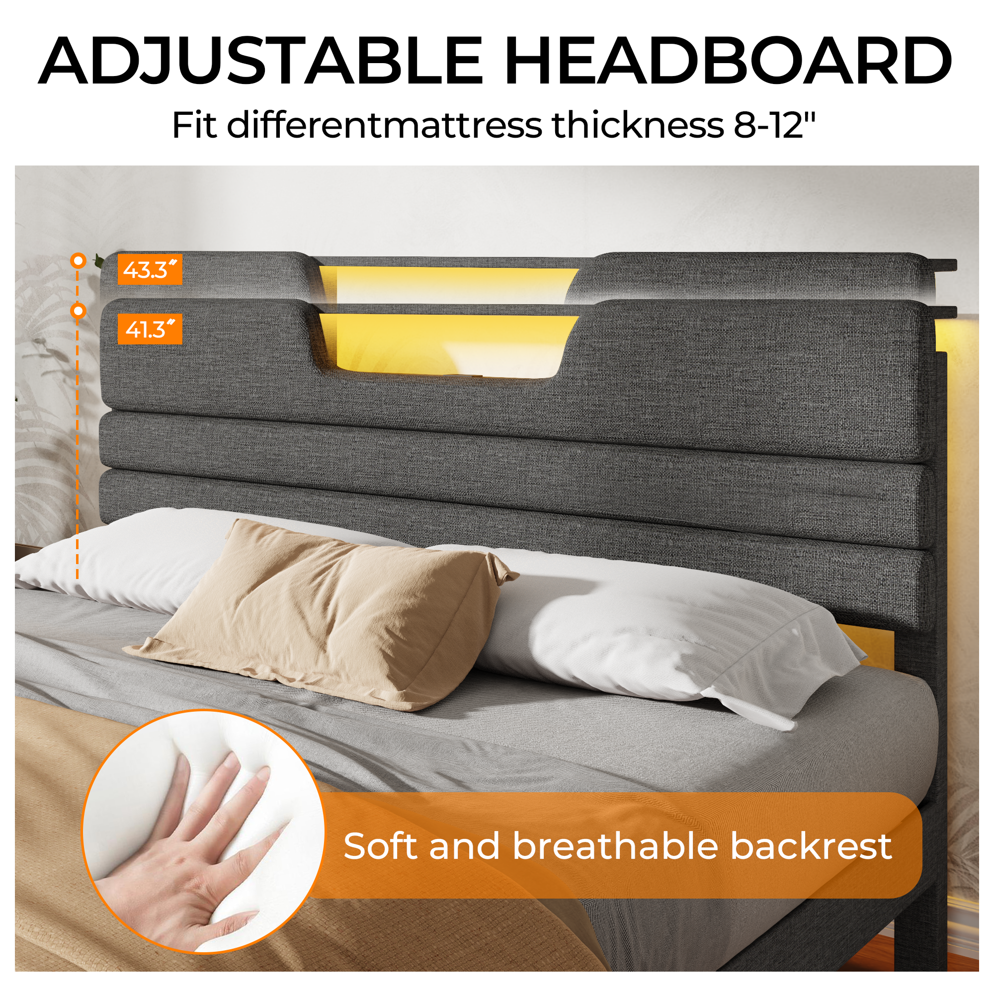 King Size Bed Frames with Upholstered Headboard Bed with Charging Station and Led Lights Bed Frame with Sturdy Wooden Slats/2-Tier Storage Grey