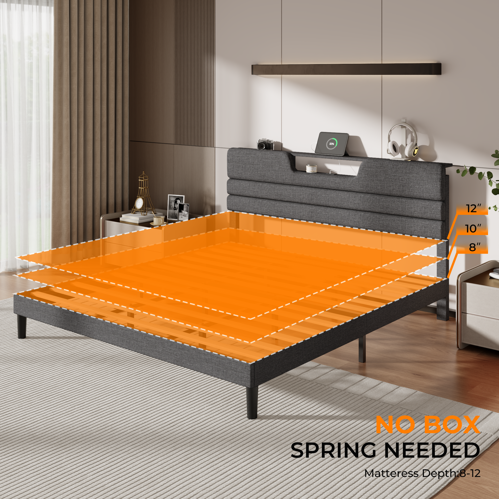 Furnulem King Size Bed Frames with Upholstered Headboard Bed with Charging Station and Led Lights Bed Frame with Sturdy Wooden Slats/2-Tier Storage