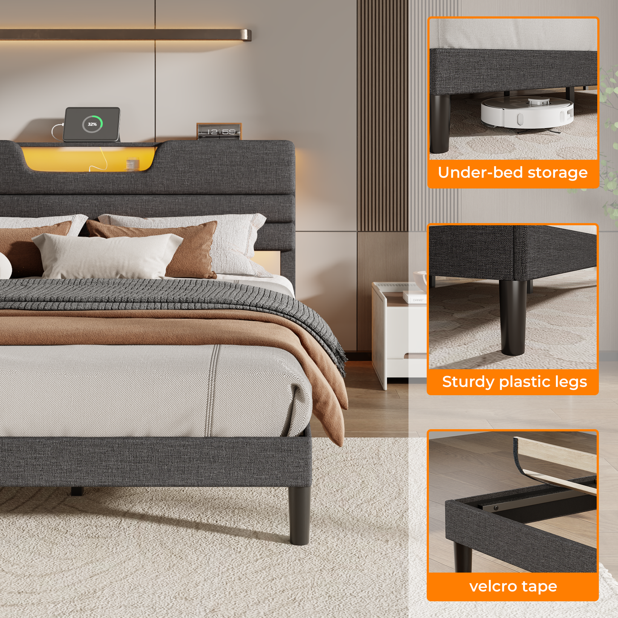 King Size Bed Frames with Upholstered Headboard Bed with Charging Station and Led Lights Bed Frame with Sturdy Wooden Slats/2-Tier Storage Grey