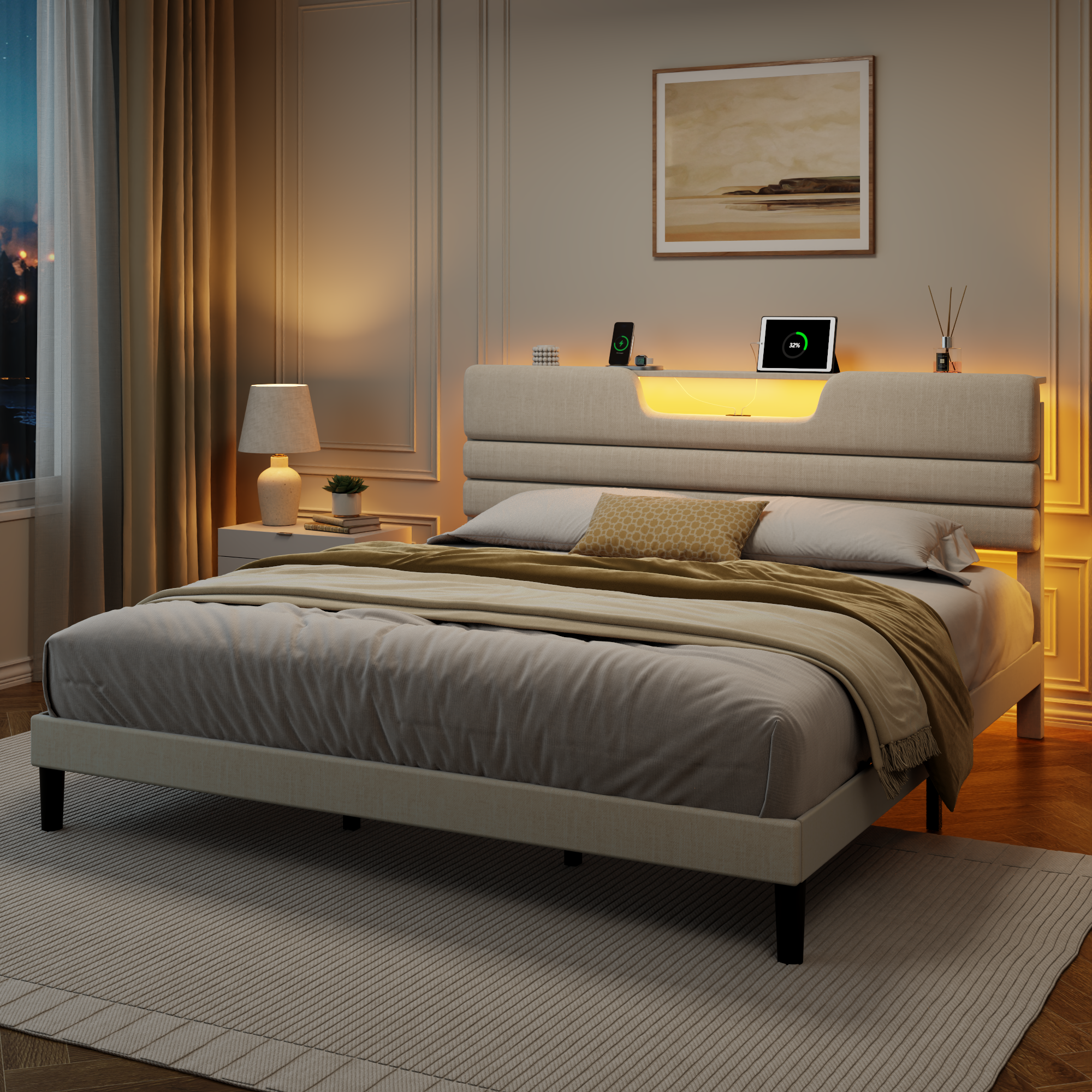 Furnulem King Size Bed Frames with Upholstered Headboard Modern Platform Bed with Charging Station and Led Lights Bed Frame with Sturdy Wooden Slats