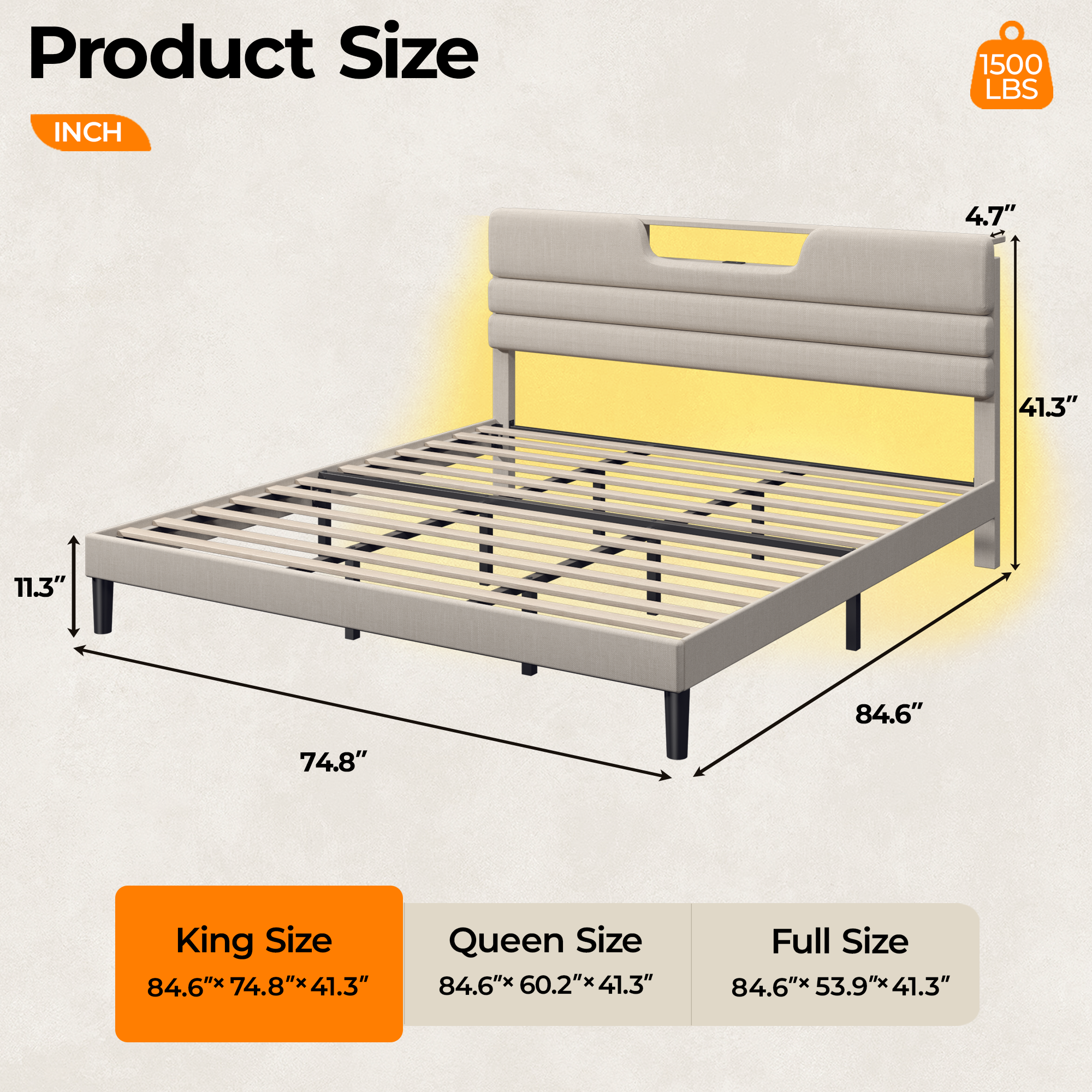 King Size Bed Frames with Upholstered Headboard Modern Platform Bed with Charging Station and Led Lights Bed Frame with Sturdy Wooden Slats Beige