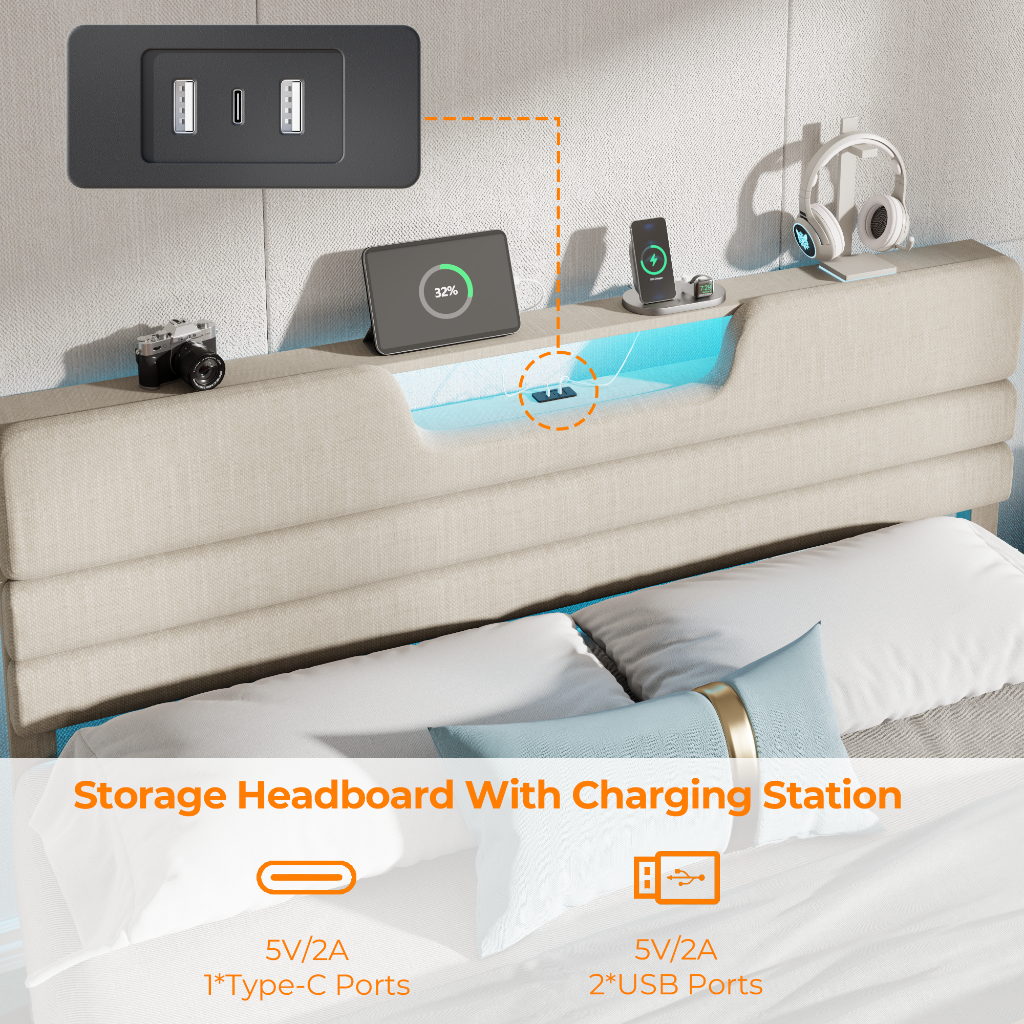 Furnulem King Size Bed Frames with Upholstered Headboard Modern Platform Bed with Charging Station and Led Lights Bed Frame with Sturdy Wooden Slats